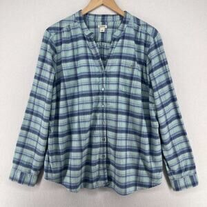 LL BEAN Top Womens 1X Plus Plaid Mandarin Button Up Blouse Cotton Blue
